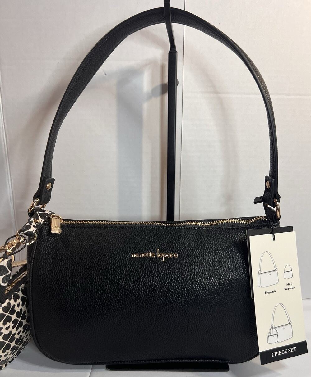 Nanette Lepore Jennah Black Heart Baguette Bag 2 Piece Set NWT